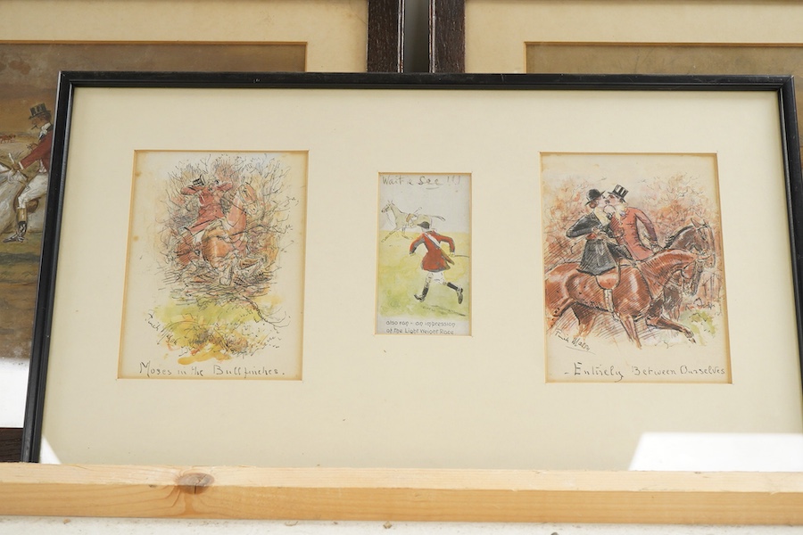 George Finch Mason (1850-1915), Hunting interest, to include 'Cut along old girl', pair of watercolours heightened with white, together with a set of three similar ink and watercolours, framed as one, each signed, larges